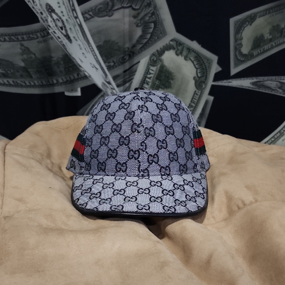 Gucci Grey Blue GG Monogram Cap with Red and Green Web
